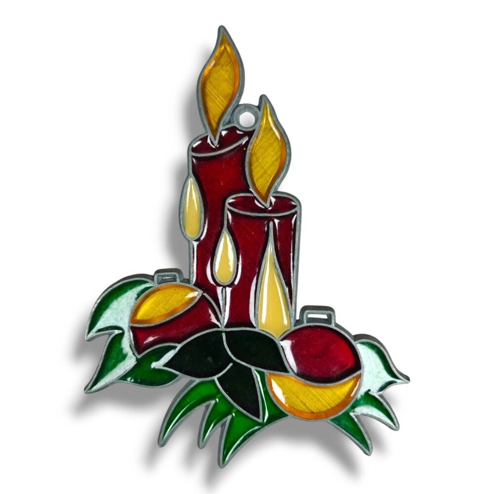 Vintage Christmas Candle Stained Glass Window Ornament Sun Catcher